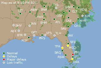 Southeast U.S. Airport Delays Map
