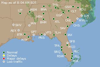 Southeast U.S. Airport Delays Map