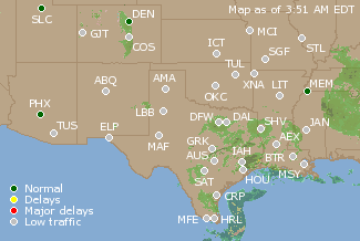 Southern-Central U.S. Airport Delays Map