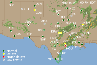 Southern-Central U.S. Airport Delays Map