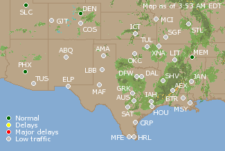 Southern-Central U.S. Airport Delays Map