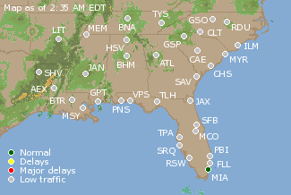 Southeast U.S. Airport Delays Map