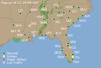 Southeast U.S. Airport Delays Map