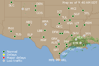 Southern-Central U.S. Airport Delays Map