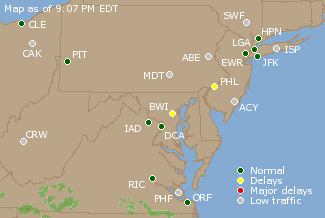 Mid-Atlantic U.S. Airport Delays Map