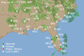Southeast U.S. Airport Delays Map