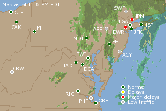 Mid-Atlantic U.S. Airport Delays Map