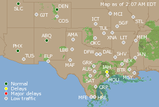 Southern-Central U.S. Airport Delays Map
