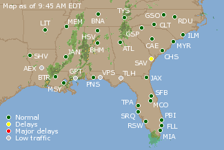 Southeast U.S. Airport Delays Map