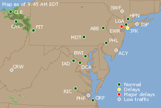 Mid-Atlantic U.S. Airport Delays Map