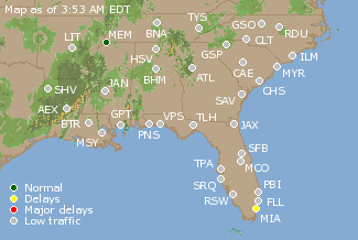 Southeast U.S. Airport Delays Map
